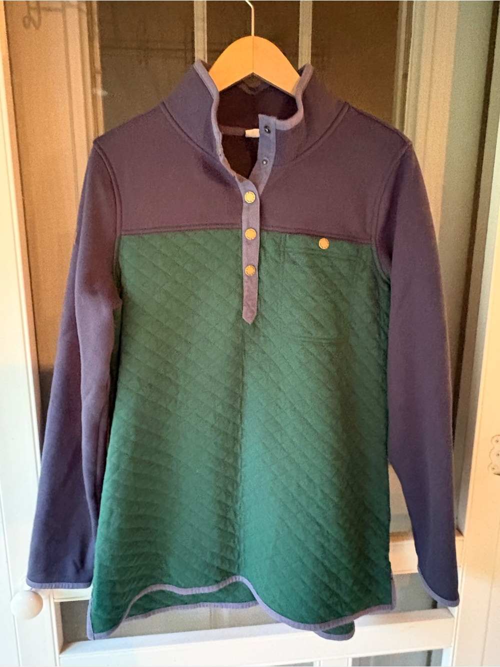 L.L. Bean Green Quilted Pullover with Navy Yoke